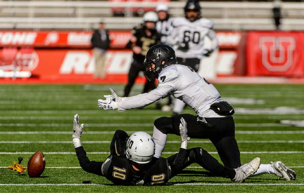 Trent Nelson  |  The Salt Lake Tribune
The flag flies for pass interference on Pine View's Dylan Hendrickson as Desert Hills faces Pine View in the Class 3AA high school football state championship at Rice-Eccles Stadium in Salt Lake City, Friday November 18, 2016. #10 is Braxton Porter.