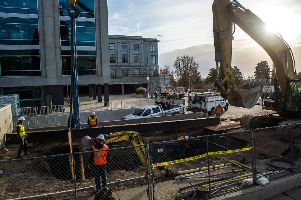 Chris Detrick  |  The Salt Lake Tribune
Construction crews replace an underground tank at the Utah State Capitol Wednesday November 16, 2016.