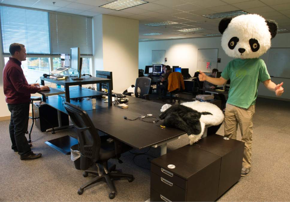 Rick Egan  |  The Salt Lake Tribune

CEO Ben Peterson wears a panda head in the office of BambooHR in this 2014 photo.