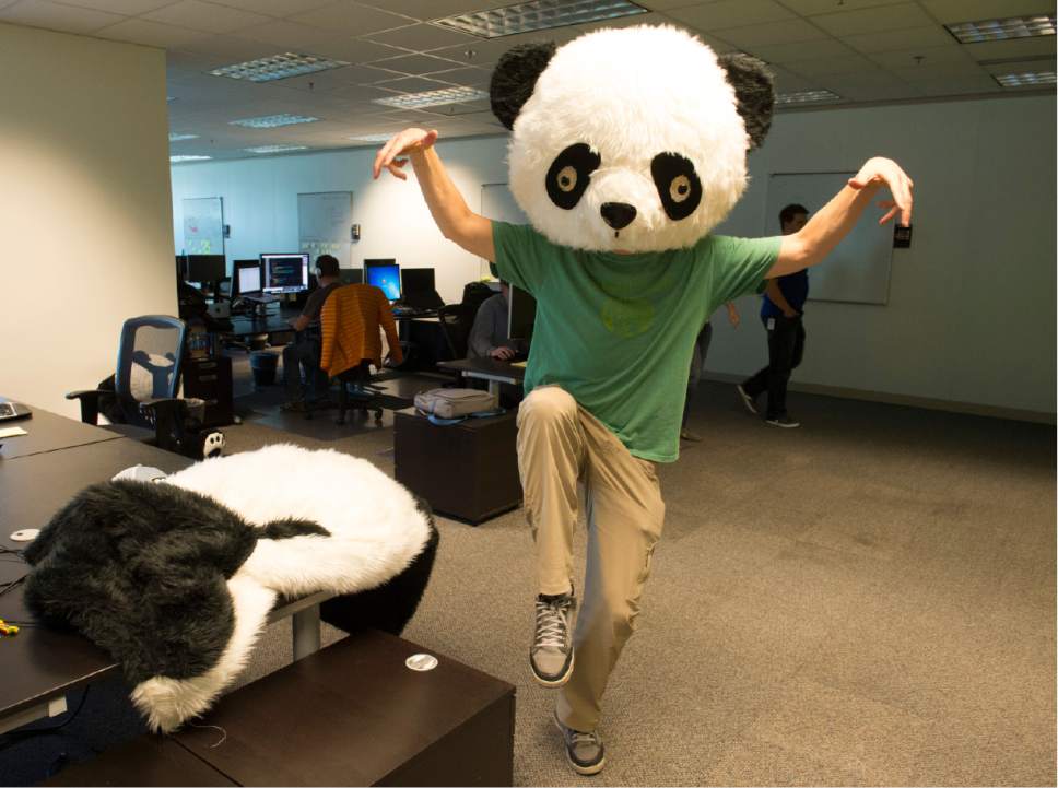 Rick Egan  |  The Salt Lake Tribune

CEO Ben Peterson wears a toy panda head in the office of BambooHR in this 2014 photo.