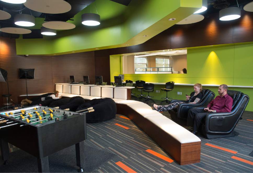 Rick Egan  |  The Salt Lake Tribune
The break room for employees of Prestige Financial, includes foosball, beanbag chairs and massage chairs.