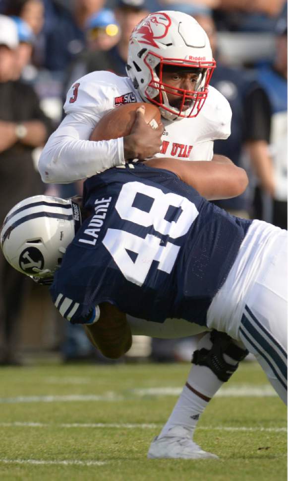 Leah Hogsten  |  The Salt Lake Tribune
Southern Utah Thunderbirds quarterback Patrick Tyler (3) is sacked by Brigham Young Cougars defensive lineman Tomasi Laulile (48). Brigham Young University defeated Southern Utah University 37-7 during their first match up at LaVell Edwards Stadium,  Saturday, November 12, 2016.