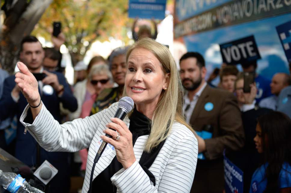 Francisco Kjolseth | The Salt Lake Tribune
Charlene Albarran, a Democrat running for 2nd Congressional District, joins other speakers during a rally stop by Donna Brazile, chairwoman of the DNC, at the Salt Lake City and County building on Thursday, Oct. 27, 2016.