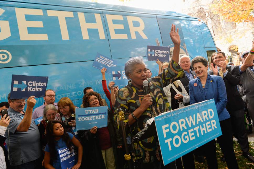 Francisco Kjolseth | The Salt Lake Tribune
Donna Brazile, chairwoman of the DNC, acknowledges the crowd gathered during a rally stop at the Salt Lake City and County building in support of Hillary Clinton and other Democrat races on Thursday, Oct. 27, 2016.