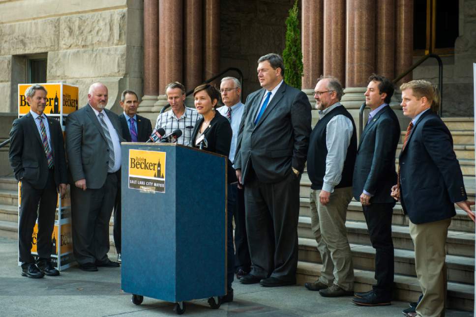 Chris Detrick  |  The Salt Lake Tribune
 Erin Mendenhall, Salt Lake City Councilmember District 5, endorses Salt Lake City Mayor Ralph Becker for reelection during a press conference outside of the City and County Building Thursday October 22, 2015.