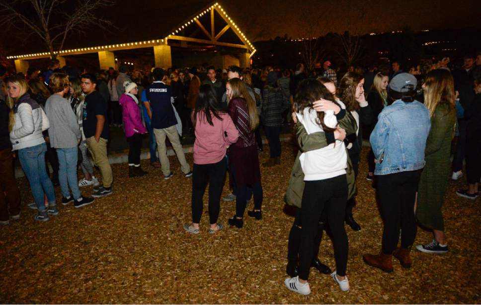 Francisco Kjolseth | The Salt Lake Tribune
Friends and family gather for a candlelight vigil at Draper City Park on Sunday evening, Nov. 20, 2016, in remembrance of teens Lexie Fenton and Ethan Fraga, both 16, who were killed in a single-car accident in Draper Saturday night.