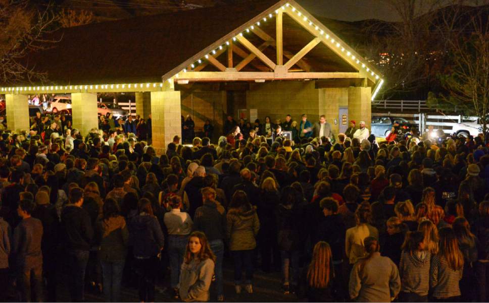 Francisco Kjolseth | The Salt Lake Tribune
A large gathering of friends and family gather for a vigil at Draper City Park on Sunday evening, Nov. 20, 2016, in remembrance of teens Lexie Fenton and Ethan Fraga, both 16, who were killed in a single-car accident in Draper Saturday night.