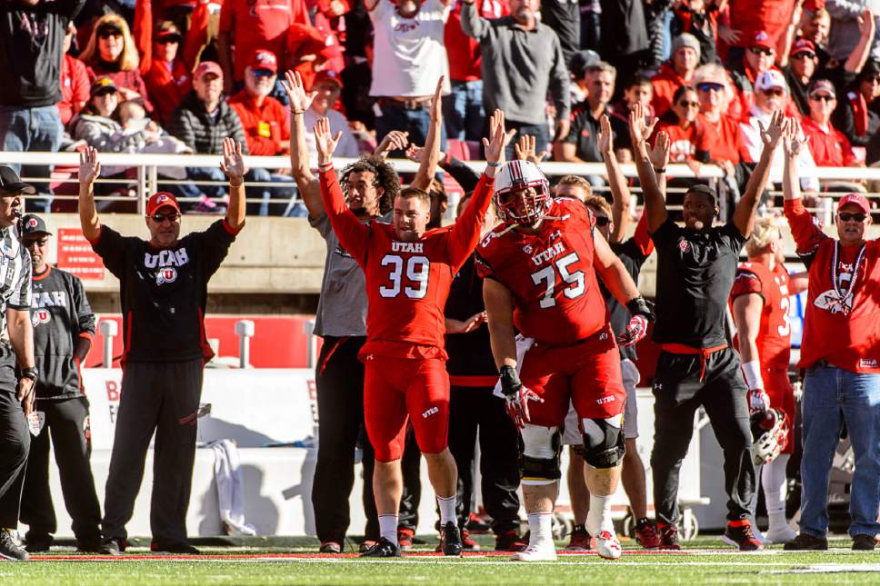 Trent Nelson  |  The Salt Lake Tribune
Utah players, including Utah Utes place kicker Andy Phillips (39) and Utah Utes offensive lineman Nick Nowakowski (75), look for a call in the fourth quarter as Utah hosts Oregon, NCAA football at Rice-Eccles Stadium in Salt Lake City, Saturday November 19, 2016.