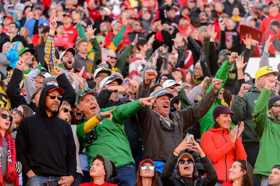 Trent Nelson  |  The Salt Lake Tribune
Oregon fans celebrate the win as Utah hosts Oregon, NCAA football at Rice-Eccles Stadium in Salt Lake City, Saturday November 19, 2016.