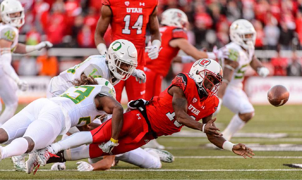 Trent Nelson  |  The Salt Lake Tribune
Utah Utes wide receiver Cory Butler-Byrd (16) laterals the ball on the final play of the game, as Utah hosts Oregon, NCAA football at Rice-Eccles Stadium in Salt Lake City, Saturday November 19, 2016.