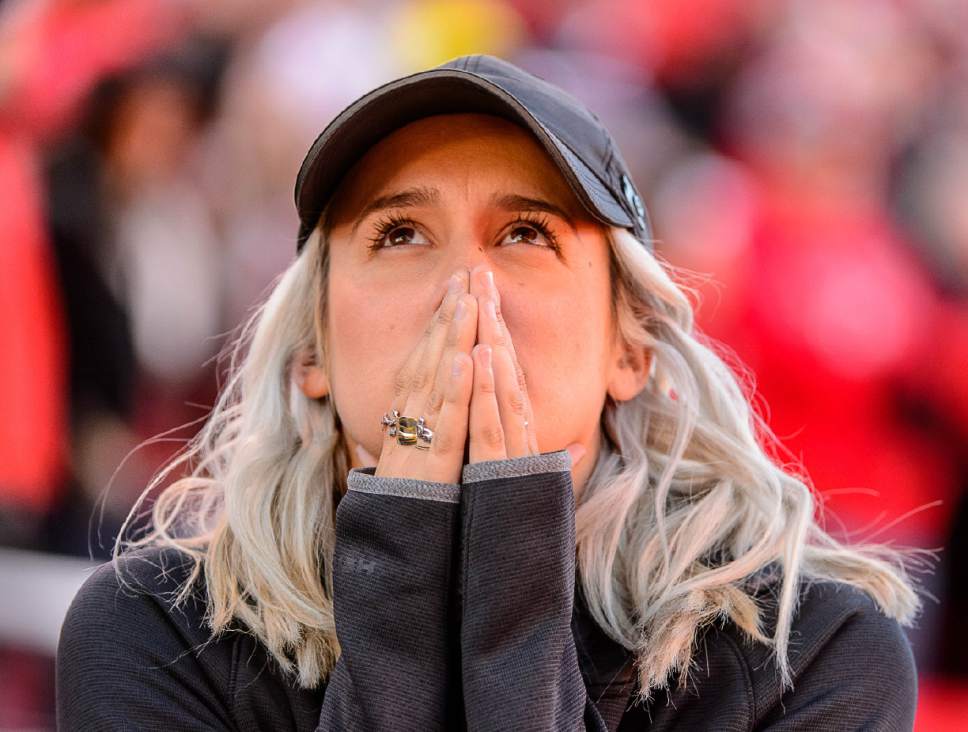 Trent Nelson  |  The Salt Lake Tribune
A Utah fan waits for the instant replay decision on the game-winning touchdown as Utah hosts Oregon, NCAA football at Rice-Eccles Stadium in Salt Lake City, Saturday November 19, 2016.