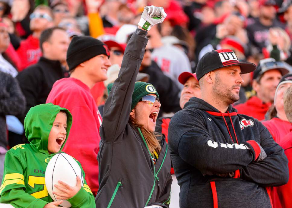 Trent Nelson  |  The Salt Lake Tribune
Fans react to the game-winning touchdown instant replay decision as Utah hosts Oregon, NCAA football at Rice-Eccles Stadium in Salt Lake City, Saturday November 19, 2016.
