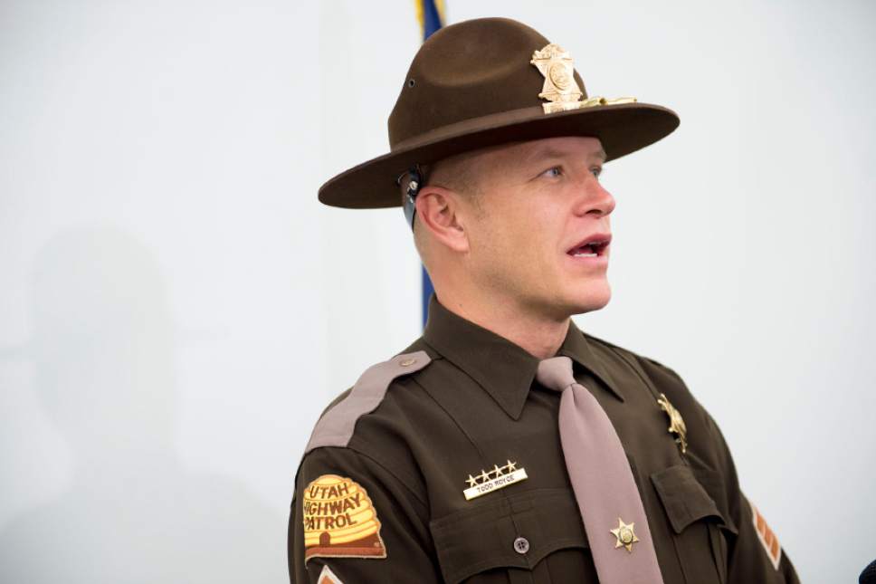 Jeremy Harmon  |  The Salt Lake Tribune

Sgt. Todd Royce, of the Utah Highway Patrol, addresses local media about the condition of Utah Highway Patrol Trooper Eric Ellsworth during a press conference on Saturday, November 19, 2016. Ellsworth s in critical condition after being hit by a car last night in Box Elder County.