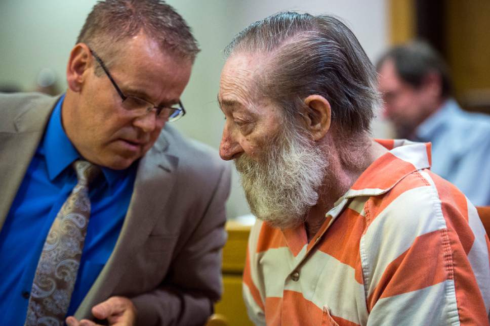 Chris Detrick  |  The Salt Lake Tribune
Thomas Edward Egley talks with his attorney David Allred during sentencing at 7th District Court in Price Tuesday November 22, 2016. Egley murdered Loretta Marie Jones on July 30, 1970. Judge George Harmond sentenced Egley to 10 years to life in the Utah State Prison.