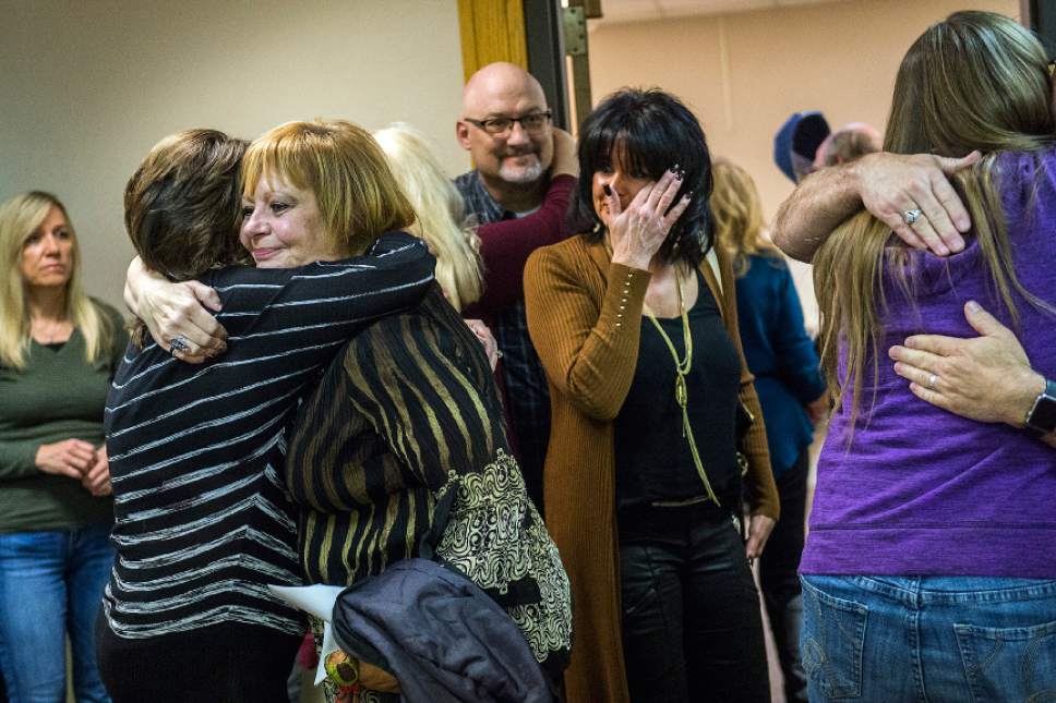 Chris Detrick  |  The Salt Lake Tribune
Heidi Jones Asay, left facing camera, gets a hug from Jane Lancaster, after the sentencing of Thomas Edward Egley at 7th District Court in Price on Tuesday for murdering Loretta Marie Jones on in 1970. Judge George Harmond sentenced Egley to 10 years to life in the Utah State Prison.