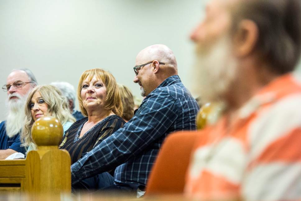 Chris Detrick  |  The Salt Lake Tribune
Heidi Jones Asay looks over at Thomas Edward Egley during his sentencing at 7th District Court in Price Tuesday November 22, 2016. Egley murdered Loretta Marie Jones on July 30, 1970. Judge George Harmond sentenced Egley to 10 years to life in the Utah State Prison.