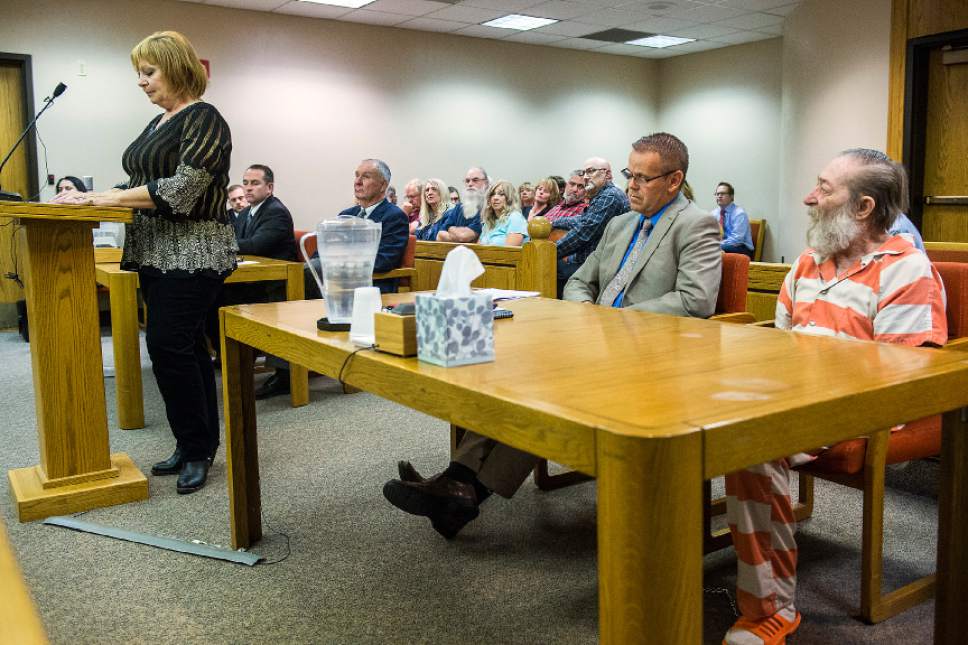 Chris Detrick  |  The Salt Lake Tribune
Heidi Jones Asay talks about her mother Loretta Marie Jones as Thomas Edward Egley listens during sentencing at 7th District Court in Price Tuesday November 22, 2016. Egley murdered Loretta Marie Jones on July 30, 1970. Judge George Harmond sentenced Egley to 10 years to life in the Utah State Prison.