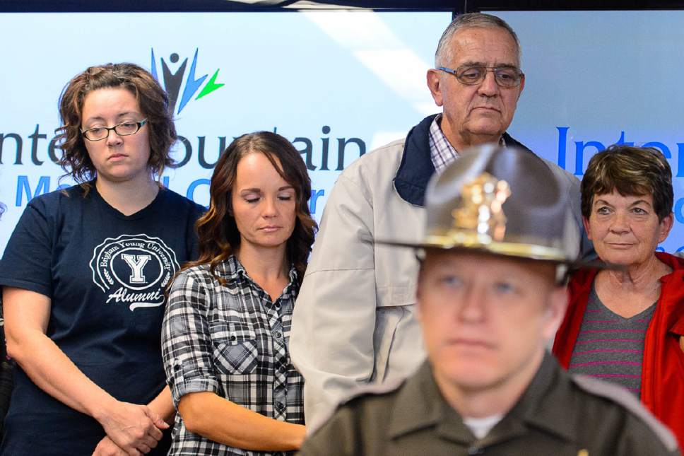 Trent Nelson  |  The Salt Lake Tribune
Utah Highway Patrol Trooper Todd Royce sits in front of family members of Utah Highway Patrol Trooper Eric Ellsworth, during a press conference at Intermountain Medical Center in Murray, Tuesday November 22, 2016. Ellsworth was critically injured Friday when a car struck him while he was assisting at the scene of a Box Elder County emergency.