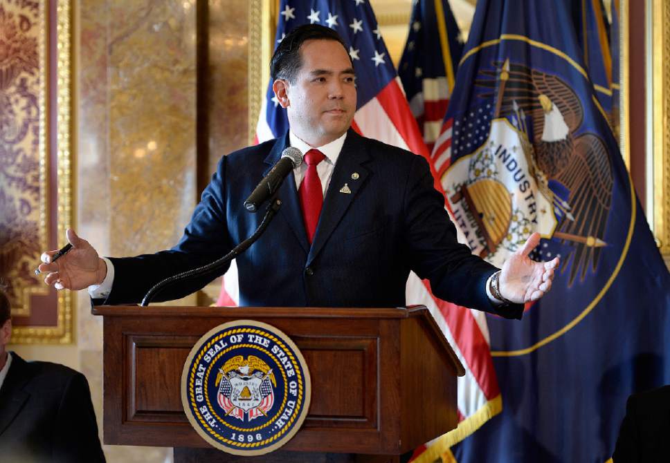 Scott Sommerdorf  |  The Salt Lake Tribune
Utah Attorney General Sean Reyes speaks during the press conference in which Utah's Criminal and Juvenile Justice Commission released a package of proposals aimed at reducing the population and costs of the state's prison system, Wednesday, November 12, 2014.