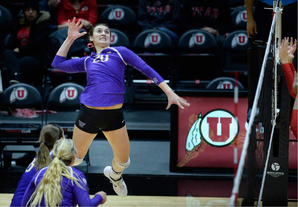 Scott Sommerdorf   |  The Salt Lake Tribune  
Washington's Tia Scambray sets up for a spike as No. 8 Washington defeated Utah 3-1, Sunday November 19, 2016.