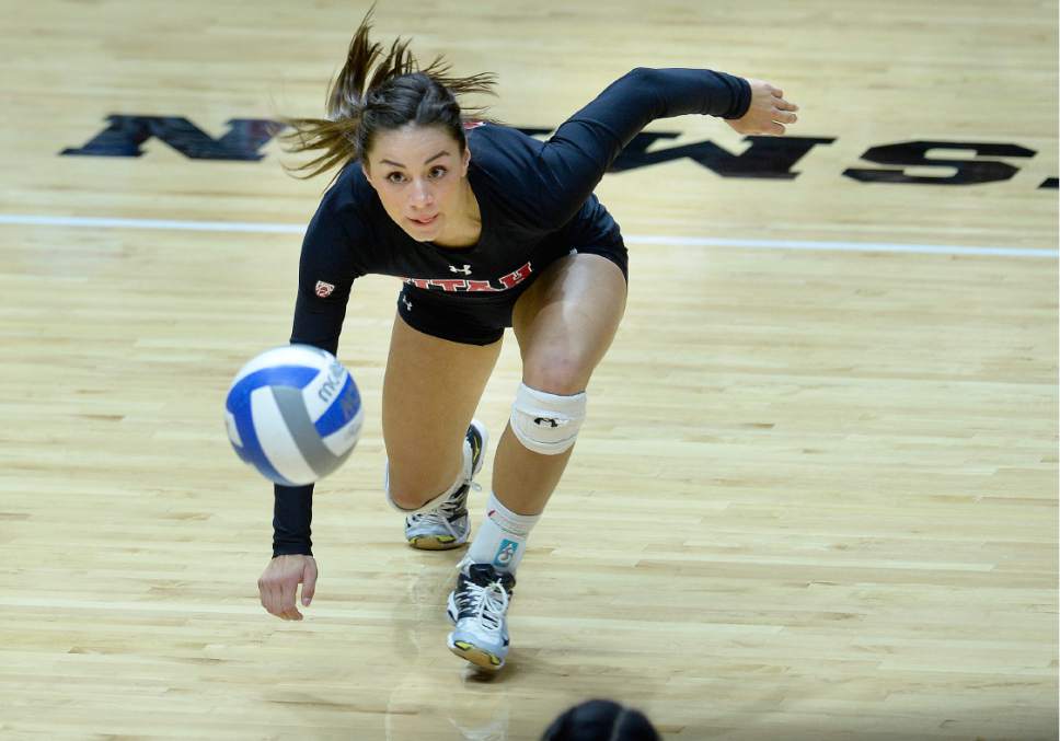 Scott Sommerdorf   |  The Salt Lake Tribune  
Utah's Brianna Doehrmann digs a shot during the second game as No. 8 Washington defeated Utah 3-1, Sunday November 19, 2016.