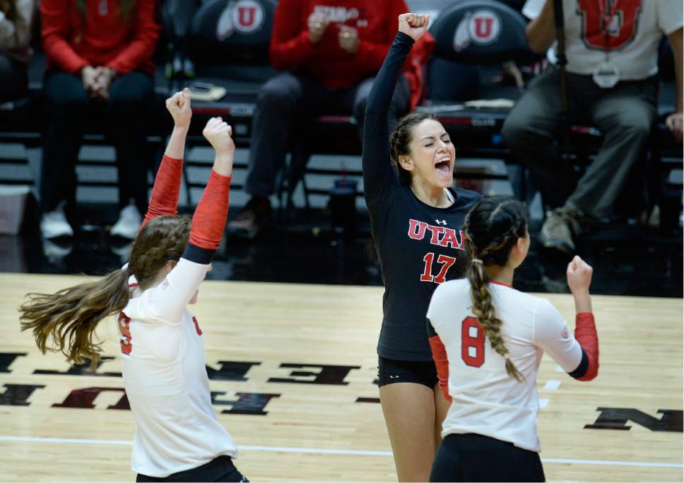 Scott Sommerdorf   |  The Salt Lake Tribune  
Utah's Brianna Doehrmann celebrates a Utah point during the second game as No. 8 Washington defeated Utah 3-1, Sunday November 19, 2016.