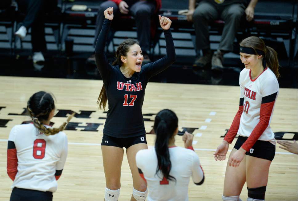 Scott Sommerdorf   |  The Salt Lake Tribune  
Utah's Brianna Doehrmann celebrates a Utah point during the second game as No. 8 Washington defeated Utah 3-1, Sunday November 19, 2016.