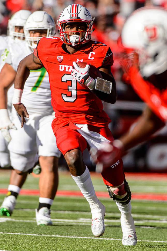 Trent Nelson  |  The Salt Lake Tribune
Utah Utes quarterback Troy Williams (3) runs the ball as Utah hosts Oregon, NCAA football at Rice-Eccles Stadium in Salt Lake City, Saturday November 19, 2016.