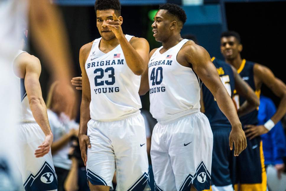 Chris Detrick  |  The Salt Lake Tribune
Brigham Young Cougars forward Yoeli Childs (23) and Brigham Young Cougars forward Jamal Aytes (40) during the game at the Marriott Center Thursday November 17, 2016.
