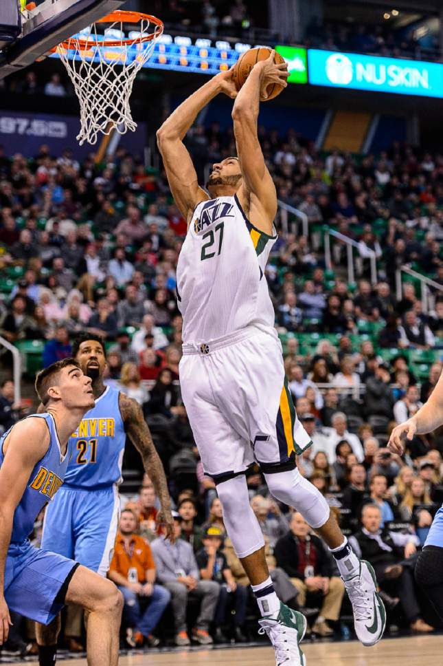 Trent Nelson  |  The Salt Lake Tribune
Utah Jazz center Rudy Gobert (27) dunks the ball as the Utah Jazz host the Denver Nuggets in Salt Lake City, Wednesday November 23, 2016.