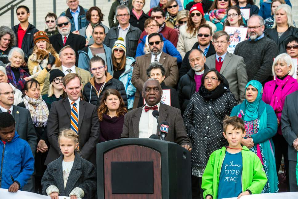 Chris Detrick  |  The Salt Lake Tribune
Calvary Baptist Church Rev. Francis A. Davis speaks during the "We are all part of the community" event at the Utah State Capitol Wednesday November 23, 2016. The gathering is the latest effort to emphasize inclusion and respect for all, no matter their politics, religion, ethnicity, gender, or economic status. It comes on the heels of reports by some local schools and others about bullying, threats and intimidation experienced in the aftermath of the election season. Many have expressed fear that the divisive political rhetoric may provoke people to act out against minorities, refugees, immigrants and other members of vulnerable populations.