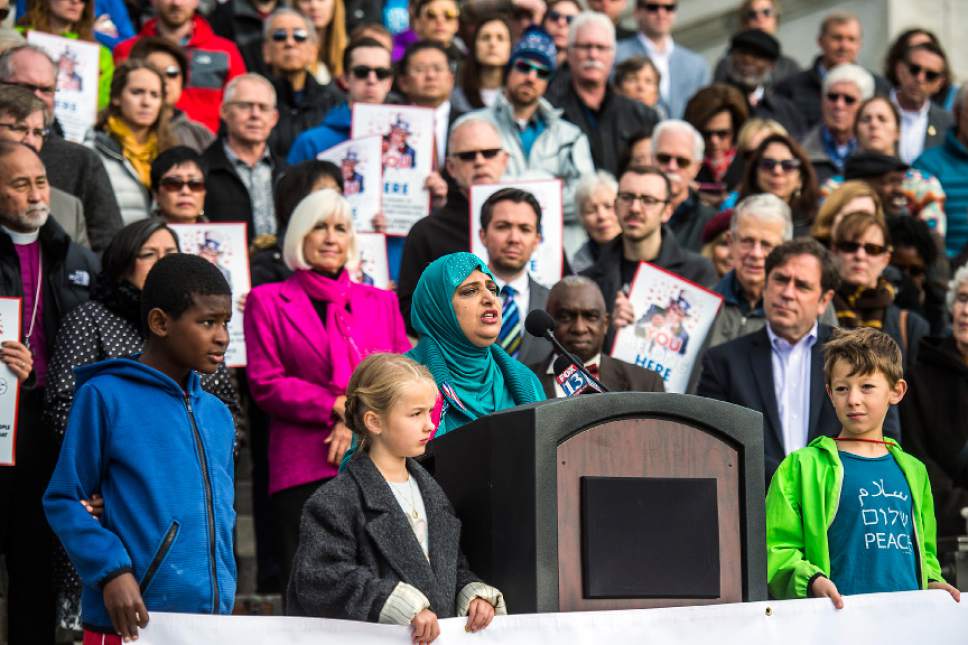 Chris Detrick  |  The Salt Lake Tribune
Noor Ul-Hasan speaks during the "We are all part of the community" event at the Utah State Capitol Wednesday November 23, 2016. The gathering is the latest effort to emphasize inclusion and respect for all, no matter their politics, religion, ethnicity, gender, or economic status. It comes on the heels of reports by some local schools and others about bullying, threats and intimidation experienced in the aftermath of the election season. Many have expressed fear that the divisive political rhetoric may provoke people to act out against minorities, refugees, immigrants and other members of vulnerable populations.