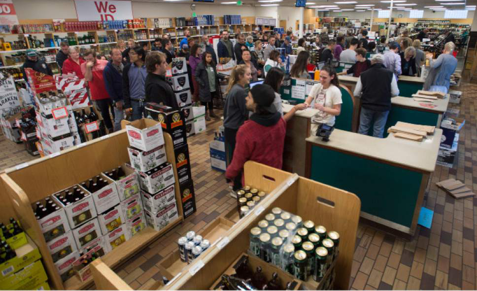 Steve Griffin  |  The Salt Lake Tribune
Thanksgiving shoppers form lines at the Sugarhouse State Liquor store in Salt Lake City last week.
