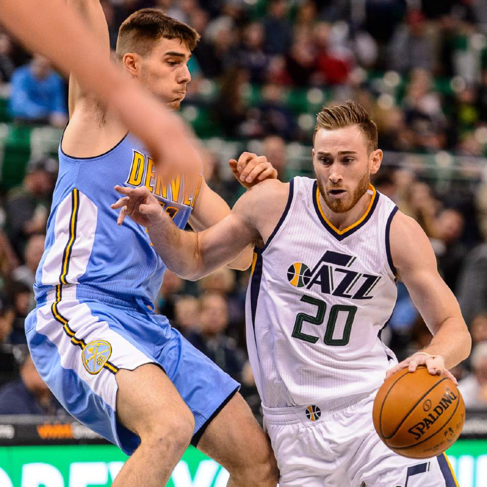 Trent Nelson  |  The Salt Lake Tribune
Utah Jazz forward Gordon Hayward (20) drives as the Utah Jazz host the Denver Nuggets in Salt Lake City, Wednesday November 23, 2016.