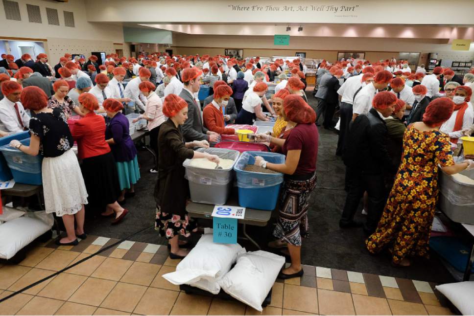 Francisco Kjolseth | The Salt Lake Tribune
Missionaries spend part of their day packaging 350,000 Thanksgiving meals for at-risk children at the Missionary Training Center in Provo on Thursday, Nov. 24, 2016.
