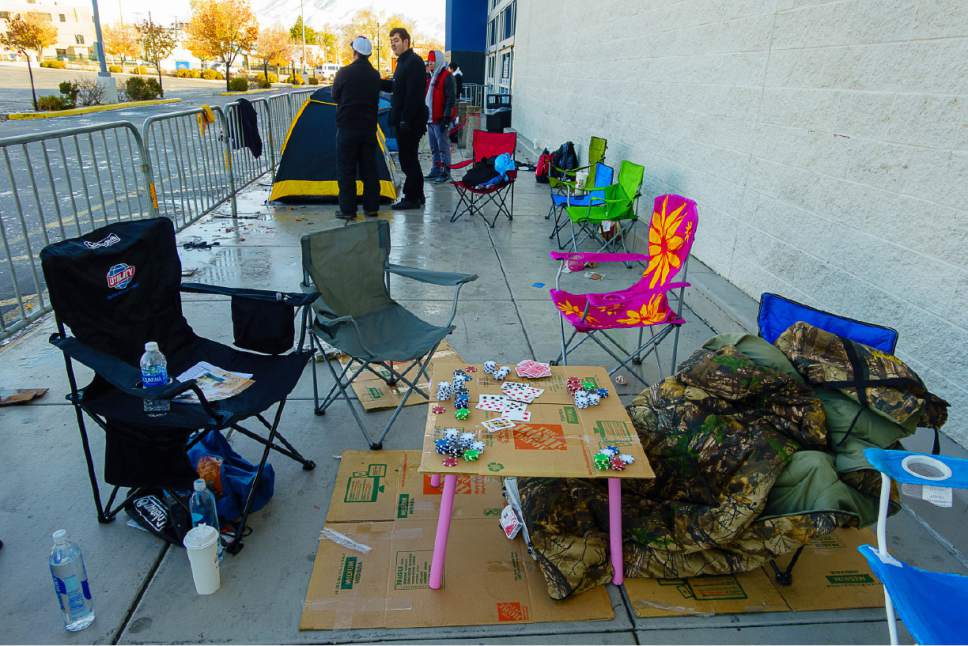 Trent Nelson  |  The Salt Lake Tribune
A poker table used by people waiting for Black Friday deals sits in front of the Best Buy in Salt Lake City on Thursday.