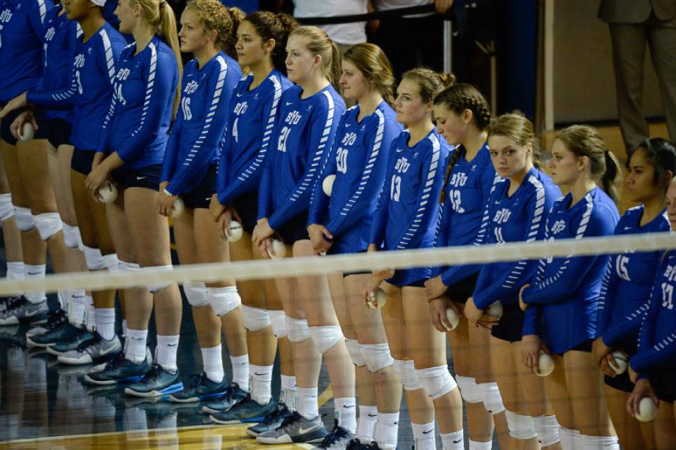 Francisco Kjolseth | The Salt Lake Tribune
BYU players line up before taking on Utah in women's volleyball at the Smith Fieldhouse in Provo on Thursday, Sept. 15, 2016.