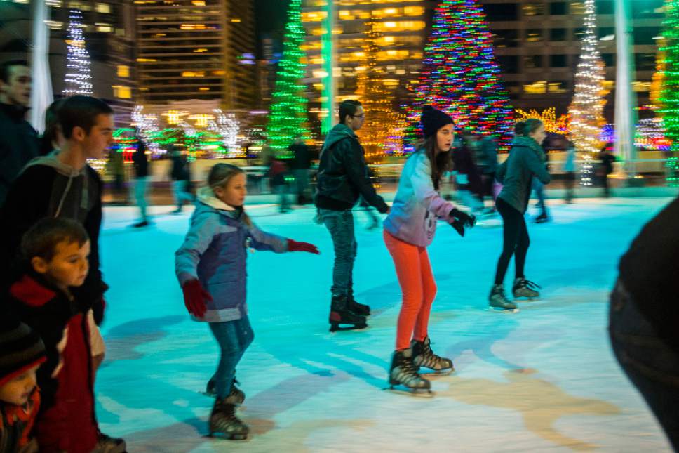 Chris Detrick  |  The Salt Lake Tribune
Visitors ice skate at the Gallivan Center Friday November 25, 2016. The Christmas lights will turn on every night at dusk until January 3, 2016.