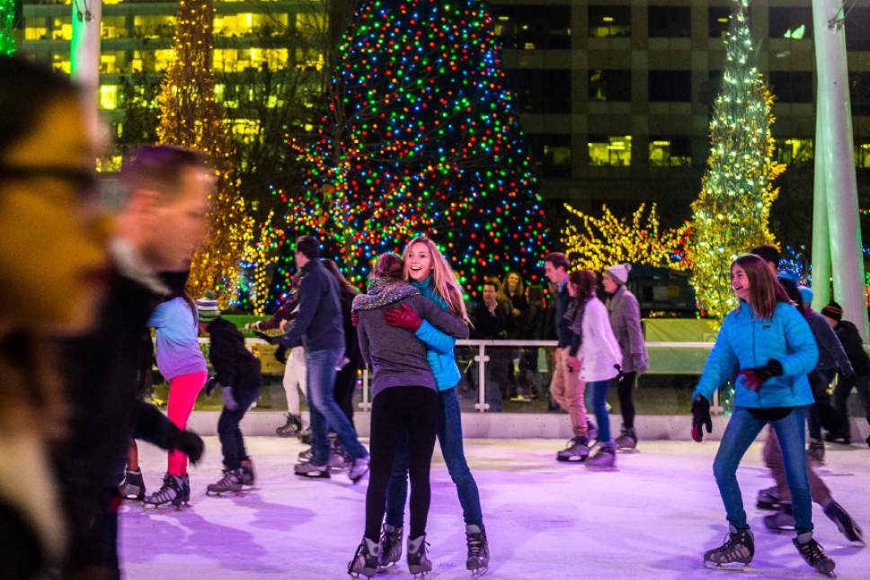 Chris Detrick  |  The Salt Lake Tribune
Visitors ice skate at the Gallivan Center Friday November 25, 2016. The Christmas lights will turn on every night at dusk until January 3, 2016.