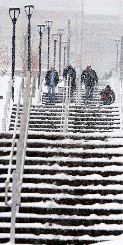Steve Griffin / The Salt Lake Tribune


Pedestrians walk down a long set of stairs as snow falls on the campus of the University of Utah in Salt Lake City Monday November 28, 2016.