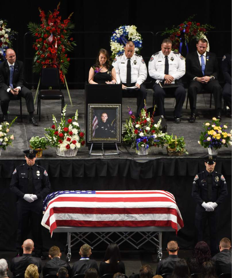 Francisco Kjolseth | The Salt Lake Tribune
Jessica Le, fiancÈe of officer Cody Brotherson who was killed in the line of duty on Nov. 6, shares some insight into their loving relationship during services at the Maverik Center on Monday, Nov. 14, 2016.