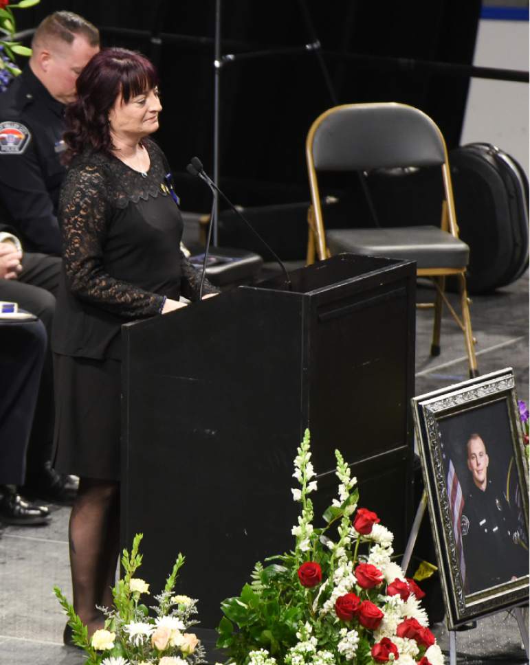 Francisco Kjolseth | The Salt Lake Tribune
Jenny Brotherson, mother of fallen West Valley police officer Cody Brotherson, speaks during funeral services for her son at the Maverik Center in West Valley City on Monday, Nov. 14, 2016.