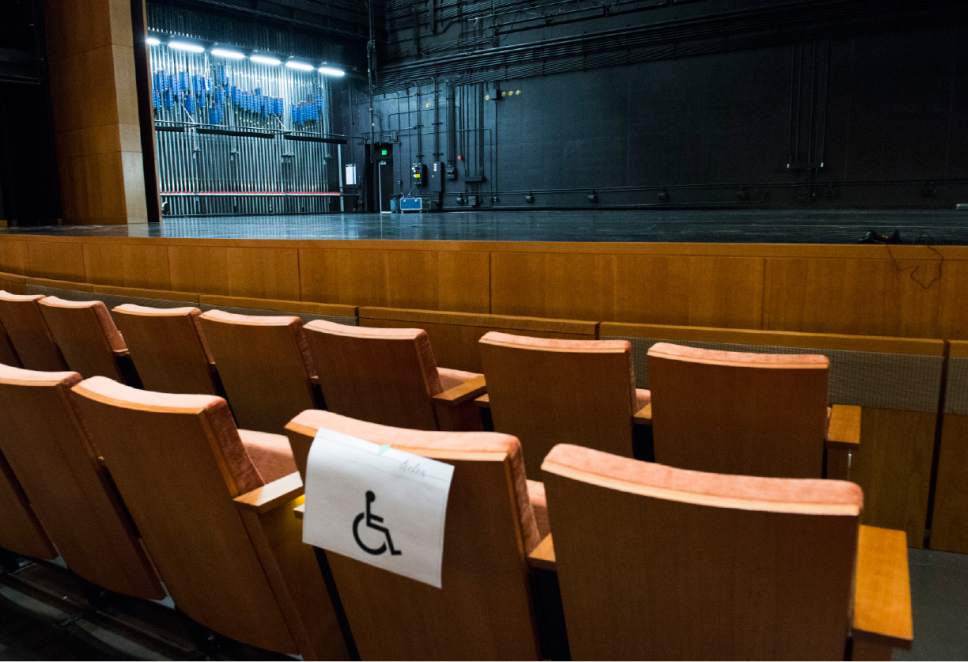 Rick Egan  |  The Salt Lake Tribune

Chairs with the signs can be removed to assist people with disabilities at the Eccles Theater, Monday, November 21, 2016.