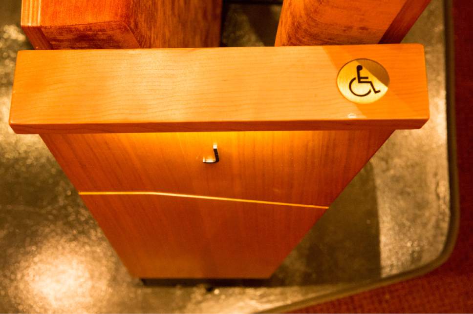Rick Egan  |  The Salt Lake Tribune

Wheelchair markings on the armrest indicate that they are transfer chairs to assist people with disabilities at the Eccles Theater, Monday, November 21, 2016.