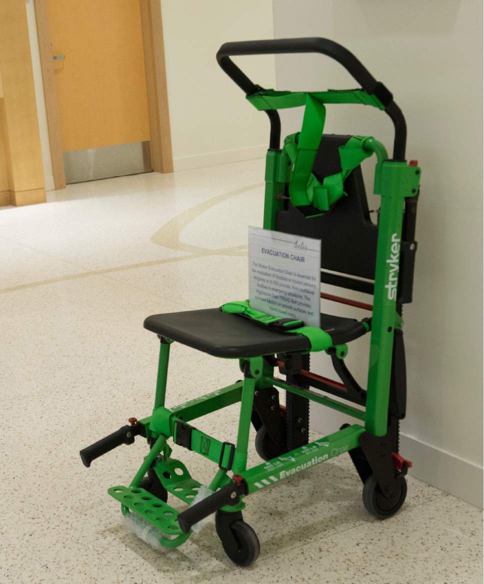 Rick Egan  |  The Salt Lake Tribune

Stryker evacuation chairs are available for evacuation of disabled or injured persons weighing up to 500 pounds, from the Eccles Theater if needed. Monday, November 21, 2016.