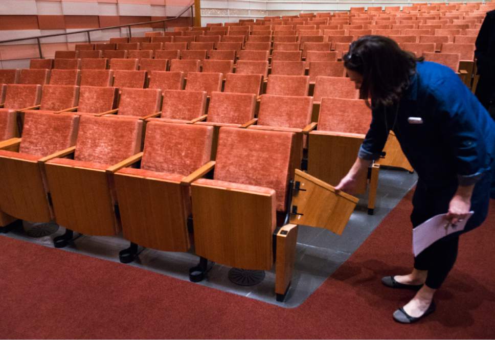 Rick Egan  |  The Salt Lake Tribune

Cami Munk demonstrates how the transfer chairs assist people with disabilities at the Eccles Theater, Monday, November 21, 2016.