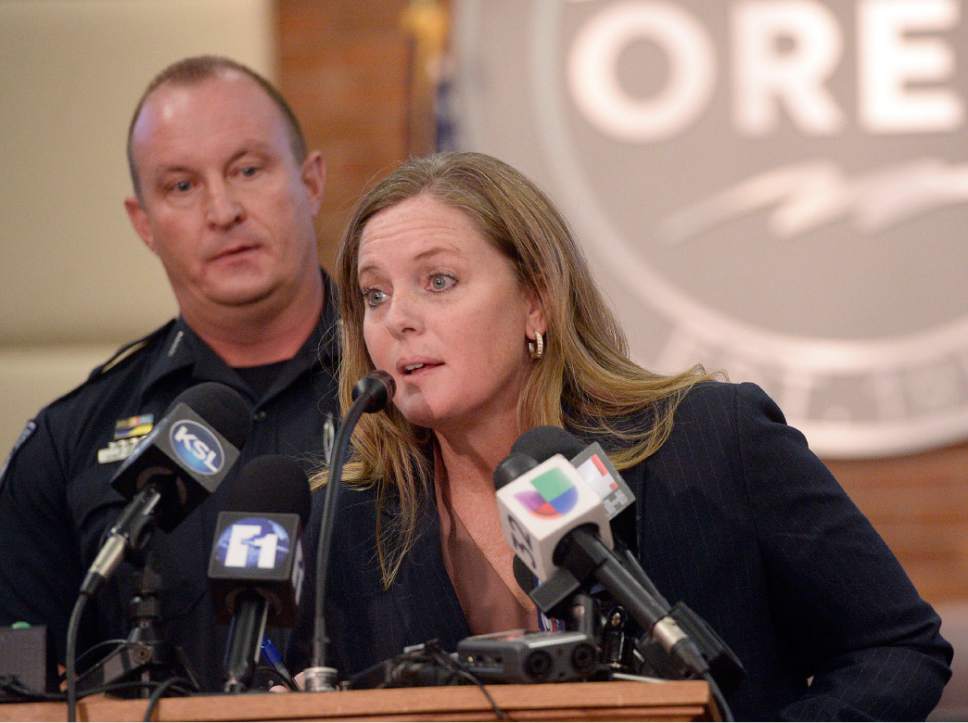 Al Hartmann  |  The Salt Lake Tribune
Orem Police Chief Gary Giles and Alpine School District spokesman Kimberly Bird speak at press conference in Orem Tuesday Nov. 15 about the stabbing incident involving five students at Mountain View High School today.