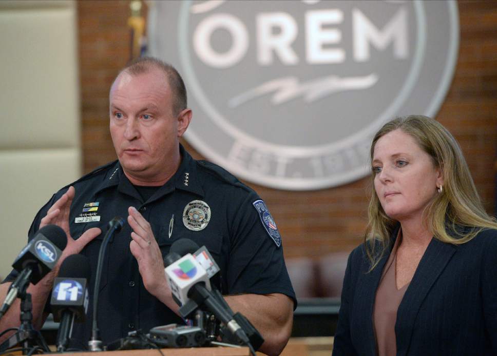 Al Hartmann  |  The Salt Lake Tribune
Orem Police Chief Gary Giles and Alpine School District spokesman Kimberly Bird speak at press conference in Orem Tuesday Nov. 15 about the stabbing incident involving five students at Mountain View High School today.