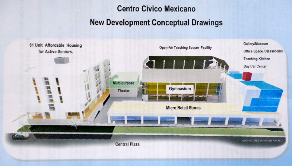 Al Hartmann  |  The Salt Lake Tribune
Artist design of the new Centro Civico Mexicano will include a cultural center and the development of affordable senior housing units.
With the support Salt Lake City, Utah DEQ, and recent contributions of the U.S. Environmental Protection Agency and Salt Lake County, the ongoing environmental cleanup and redevelopment project will revitalize CCM and enhance the services they provide to Utahís growing Latino community. CCM is using grant funding from EPA and Salt Lake County to begin key cleanup activities related to the project this winter.