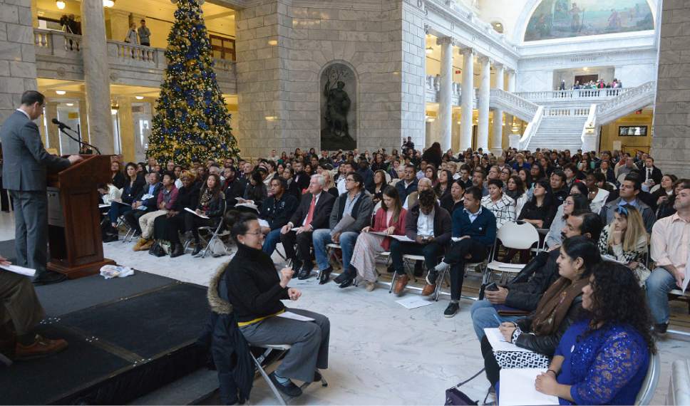 Al Hartmann  |  The Salt Lake Tribune
101 people from 43 countries attend a Naturalization Ceremony Wednesday, November 30 at the Utah State Capitol.  They later took the Oath of Allegiance to make them new American citizens.